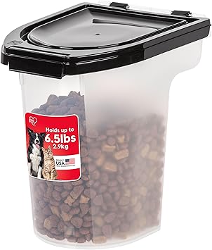 IRIS USA WeatherPro Airtight Pet Food Storage Container, Up to 6.5 lbs, Treat Box for Dog Cat and Bird Food, Keep Fresh, Translucent Body, Easy Clean Up, BPA free, Clear/Black