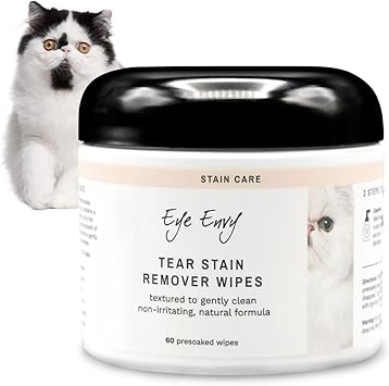 Eye Envy Tear Stain Wipes for Cats. Textured to Gently Clean Tear Stains. Natural Formula. Recommended by Persian & Exotic Breeders, Groomers. USA Made. 60 Cat Eye Wipes