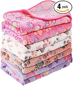 Tatuo 4 Pack Fleece Dog Blankets for Puppy Cats Multi-Size Sleep Mat for Pet Guinea Pig Soft Washable Warm Crate Bed Puppy Teething Toys Print Pattern Blanket Indoor(Mixed Color,24 x 16 Inch,Paw)