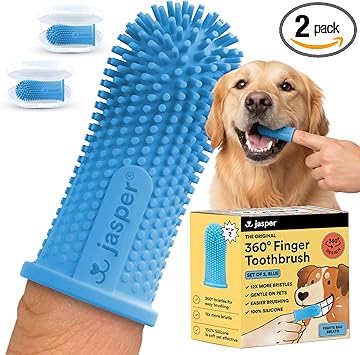 Jasper Dog Toothbrush, 360 Dog Tooth Brushing Kit, Finger Toothbrush, Cat Tooth Brush, Teeth Cleaning, Pet Tooth Brush for Small & Large Pets, Pet Toothpaste Not Included, 2-Pack Blue