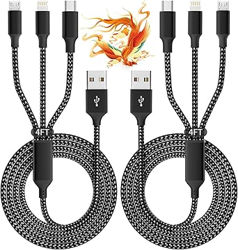IDISON Multi Charging Cable(2Pack 4FT), 3 in 1 USB Charging Cable for Multiple Devices, Braided Universal Phone Charger Cord with Type-C, Micro USB, IP Port for iPhone17/16/14/Android Phones and More