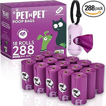 PET N PET Poop Bags for Dogs, 288 Count Lavender Scented Dog Waste Bags with Leash Dispenser, USDA Certified 38% Plant Based & 62% PE Dogs Waste Bag