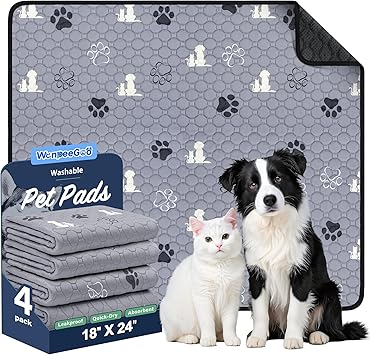 WanpeeGoo Washable Pee Pads for Dogs, 4 Pack Absorbent Reusable Training Dog Pads Pet Puppy Pads, Non-Slip Potty Pads for Whelping, Playpen, Crate, Bed, Grey 18"x24"