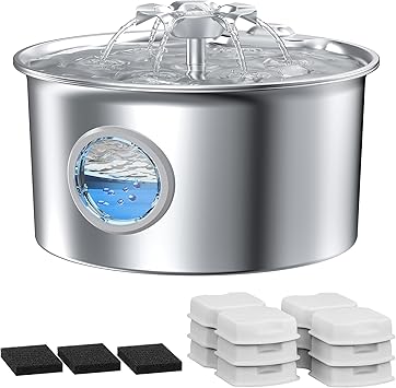 Cat Water Fountain Stainless Steel: Pet Drinking Fountains with 6 Filters & 3 Sponges - 88oz/2.6L Water Fountain for Cats Inside with Flower - IHOUONE Kitty Spout Dog Dispenser Animal Supplies
