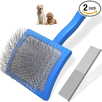 2PCS Slicker Brush for Dogs & Pet Comb,Professional Dog Grooming Brush (Goldendoodles,Poodles,Labradoodles) with Extra Long Pins to Effectively Remove Tangles, Knots and Mats (Blue, Large)
