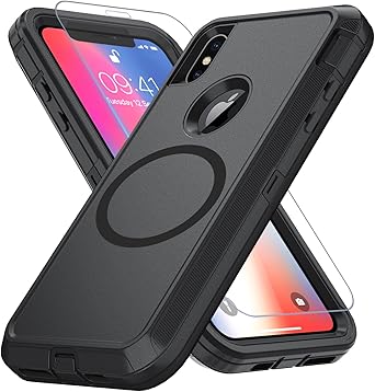 for iPhone X Case/iPhone Xs Case [Compatible with MagSafe][Shockproof][Dropproof][Dust-Proof][with Screen Protector] Heavy Duty 3-Layer Protection Phone Case Cover 5.8-inch, Black