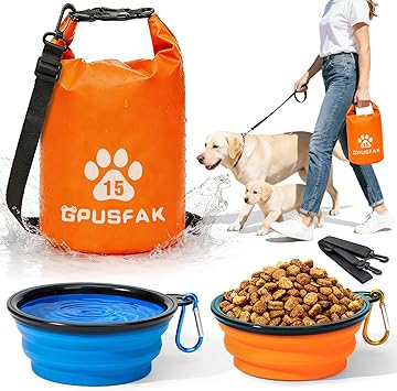 zip Roll Top Pet Food Storage Bag with Travel Bowl(96 Cup) - Dog Food Travel Bag Waterproof Kibble Container for Camping Road Trips Dog Boarding Weekend Getaways Machine Washable 15L Orange