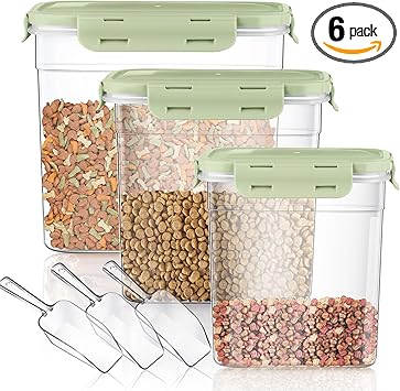Patelai 6 Pcs Dog and Cat Food Storage Containers with Scoops Set Plastic Pet Food Storage Containers Stackable Airtight Dry for Kitchen 1.27, 2.4, 4 Qt (Green)