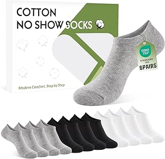 No Show Socks Women Men Non Slip Invisible Liners for Flats Breathable Cotton Low Cut Ankle Socks 6 Pairs Gift Box