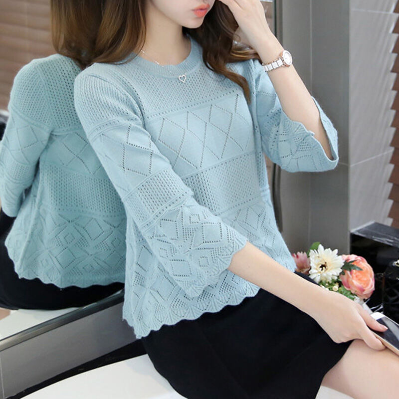 2022 Spring and Autumn New Korean Style Loose Hollow Sweater Large Size Blouse 3/4 Sleeve Thin Pullover Sweater for Women