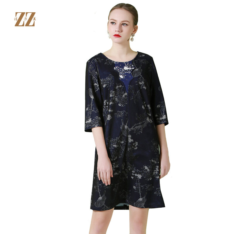 Zormei Spring and Autumn Women's Clothing Solid Color Printed British Slim Fit Slimming round Neck Half Sleeve Dress E71ll21