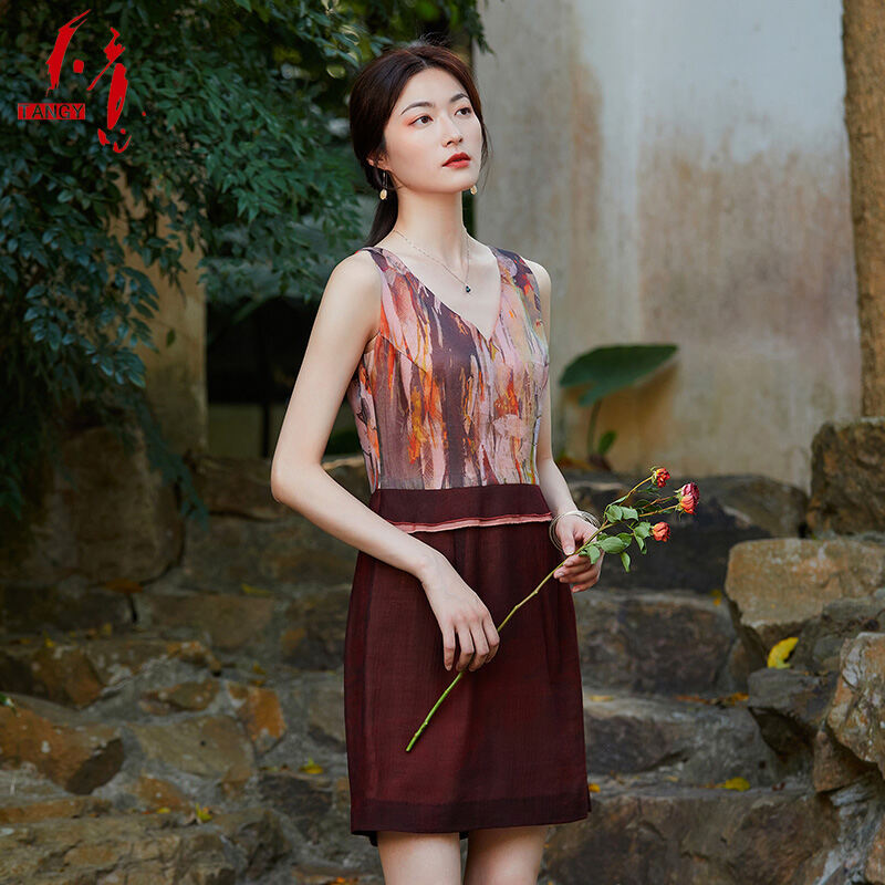 Tangy Summer Style Ethnic Style Original Design  Silk V-neck Printed Sleeveless Stitching Dress