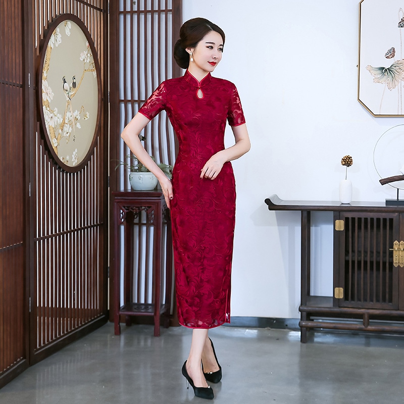 ♝ Long lace cheongsam dress slim and slim improved version of Chinese wedding wedding feast mother's dress happy mother-in-law 1942