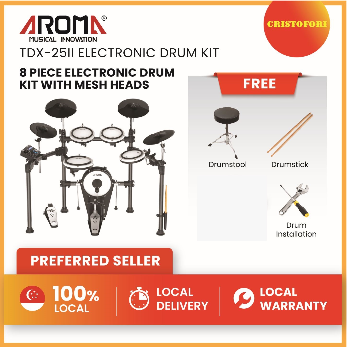 AROMA Electronic Drum Kit TDX-25II All Mesh Pad with Choke at Cymbals, FREE INSTALLATION !!