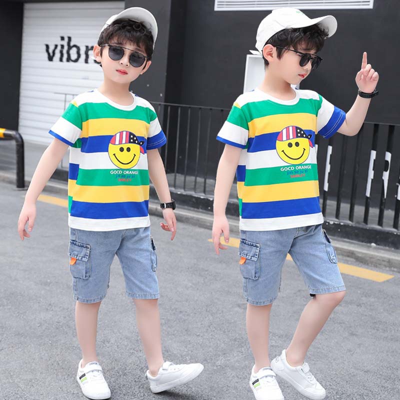 Children Short Sleeve Big Boy Outfits 2Pc Sets Cotton T-shirt Tops + Shorts Summer Casual Trendy Children's Clothes Set [S215]