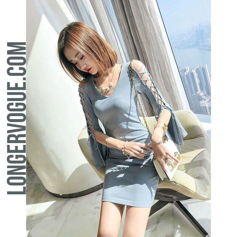 Ribbon flair sleeve V neckline sexy stretchy designer shift dress outfit OPD114