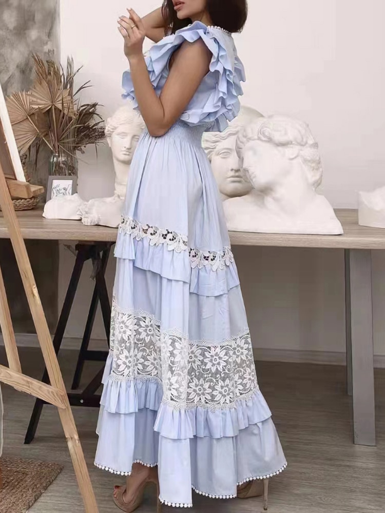 VGH Vintage Embroidery Tank Dress For Women Round Neck Sleeveless High Waist Patchwork Colorblock Loose Midi Dresses Female 2022