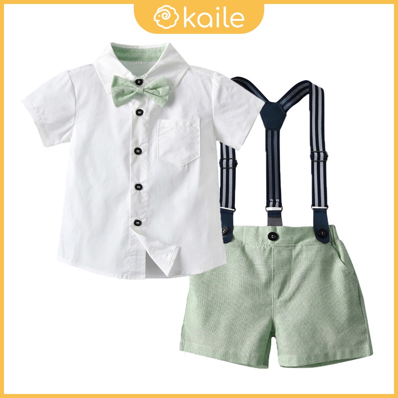 MUGE [2022 New Style] 1-6 Years Old/Boys Summer Suit/Children Short-Sleeved White Shirt/Green Overalls Shorts/Birthday Party Dress/kaile Children's Clothing